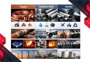 جدول مقایسهای جنس پوسته المنت: مس، استنلس استیل، Incoloy و موارد کاربرد هر یک.