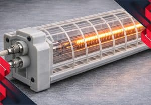 نمایی از یک المنت شیشهای کوارتز که داخل یک حفاظ (گارد) پلاستیکی یا پلیمری قرار دارد.